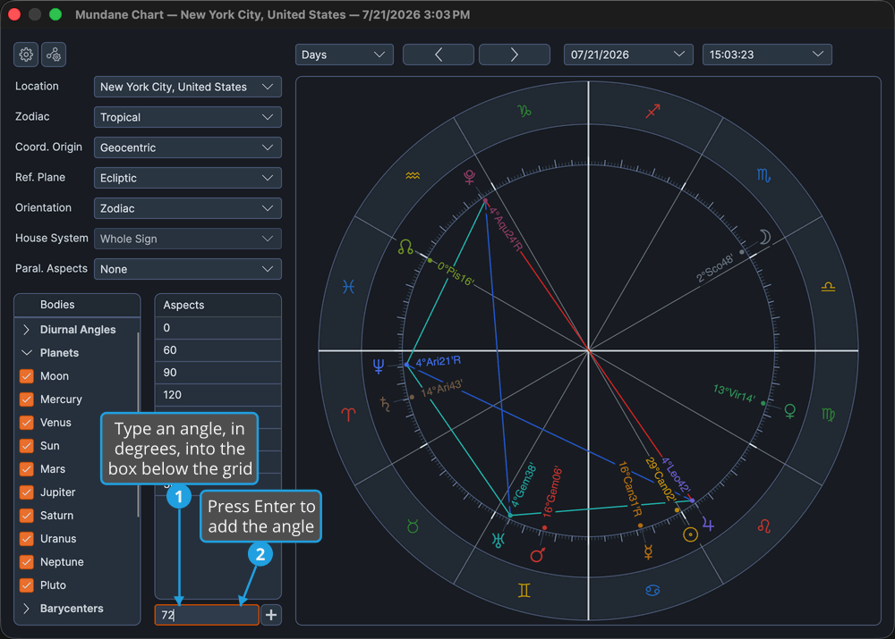 The Aspects grid with an angle typed into the entry box below the grid.