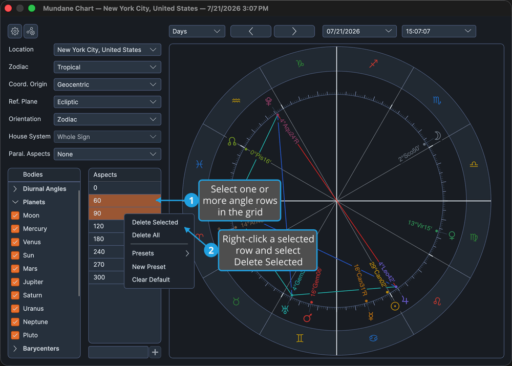The Aspects grid with angle rows highlighted and the context menu open, showing Delete Selected and Delete All.