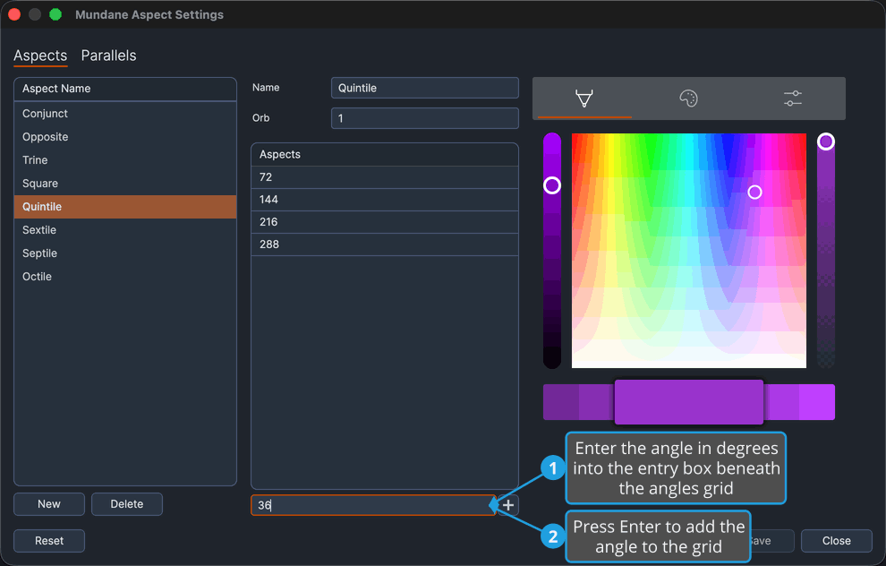 Aspect Settings window with an angle typed into the entry box beneath the angles grid.