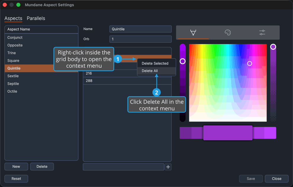 Aspect Settings window with the angles grid context menu open over the grid body.