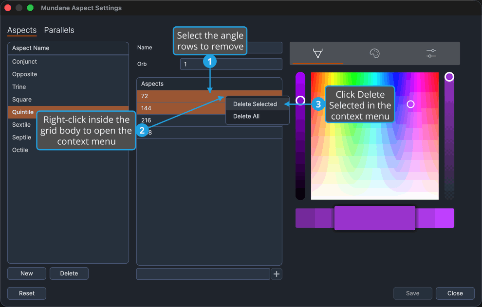 Aspect Settings window with two angle rows highlighted and the angles grid context menu open over them.