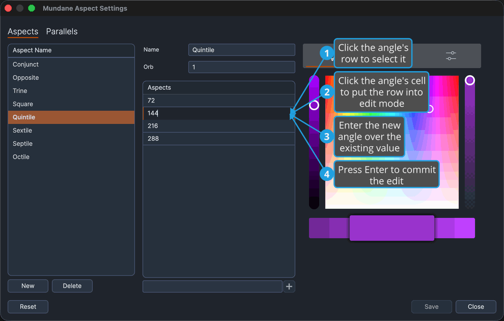 Aspect Settings window with an angles grid row selected and its cell in edit mode.