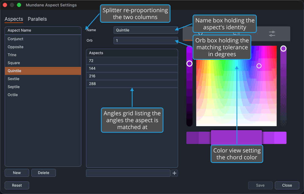 Aspect Settings window on its Aspects tab, an aspect selected so the editor pane shows its settings.