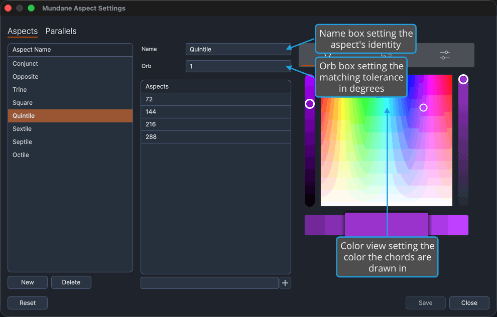 Aspect Settings window on its Aspects tab with an aspect selected, showing its Name, Orb, and color settings.