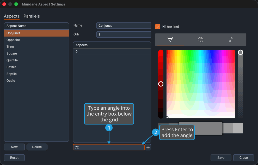 The aspect angles grid for the selected setting, with an angle typed into the entry box below the grid.