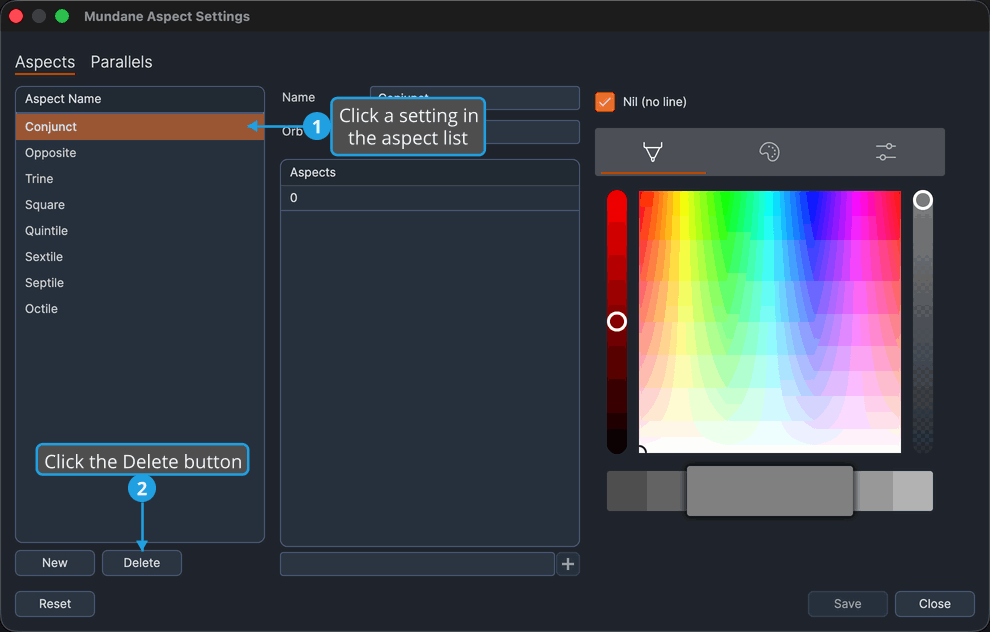The Aspects tab with a setting selected in the aspect settings list.