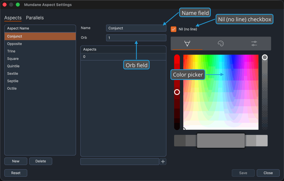 The detail editor on the Aspects tab, loaded with a selected aspect setting.