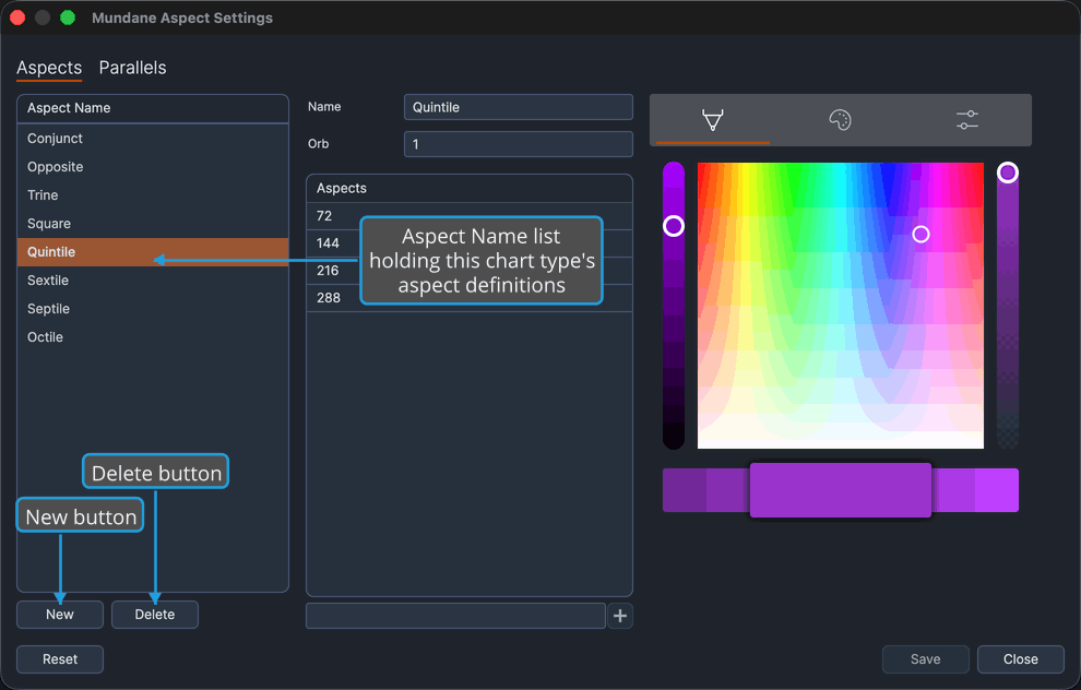 Aspect Settings window on its Aspects tab with an aspect selected in the Aspect Name list.