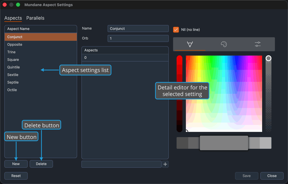 The Aspects tab of the Aspect Settings window, with a master list of aspect settings and a detail editor side by side.
