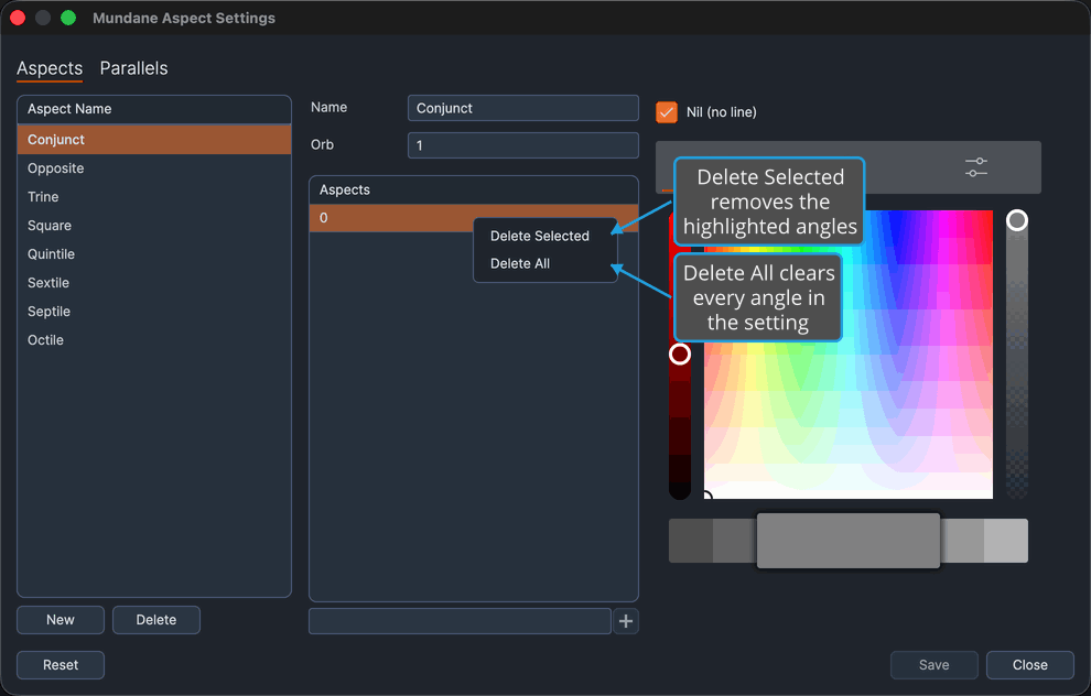 The aspect angles grid with an angle row right-clicked so its context menu is open.