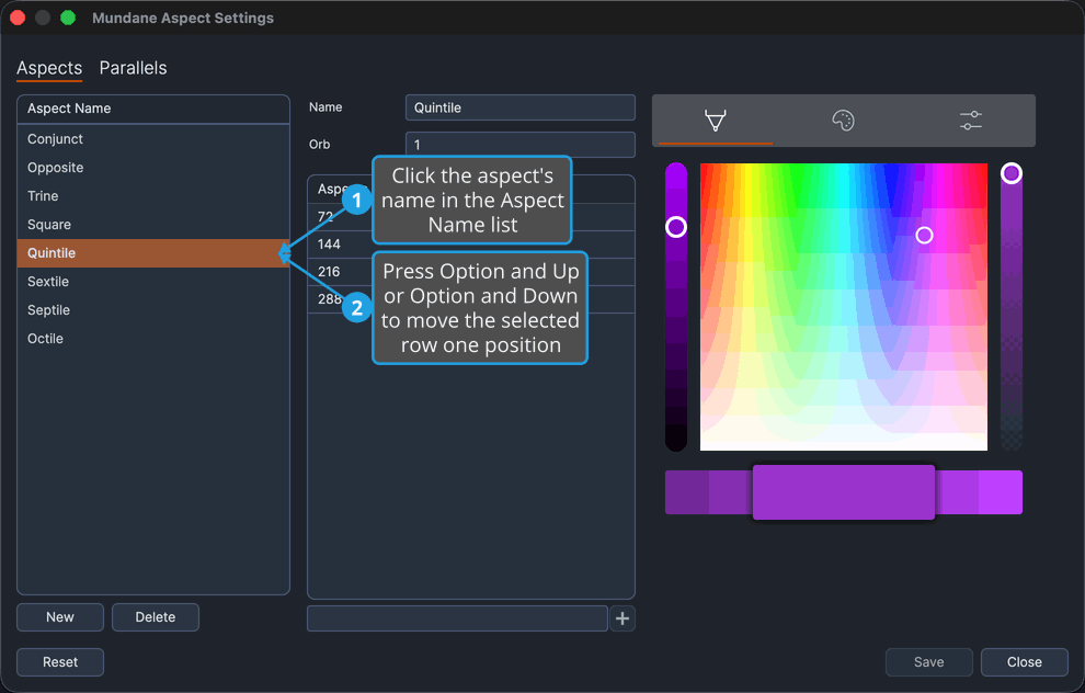 Aspect Settings window with an aspect name selected and focused in the Aspect Name list.
