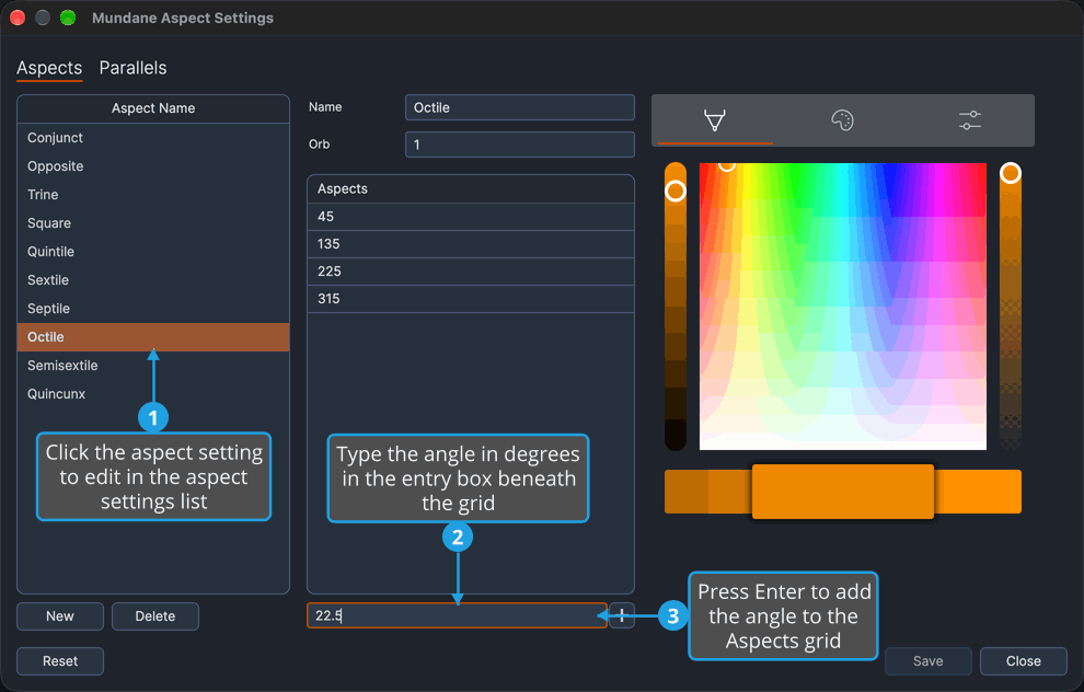 The Mundane Aspect Settings window with Octile selected and an angle of 22.5 typed in the entry box beneath its Aspects grid.