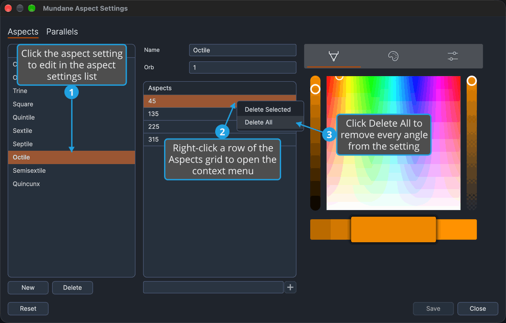 The Mundane Aspect Settings window with the context menu of Octile's Aspects grid open and Delete All highlighted.