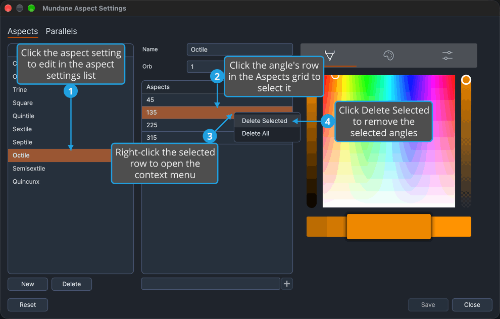 The Mundane Aspect Settings window with a row of Octile's Aspects grid selected and the grid's context menu open on Delete Selected.