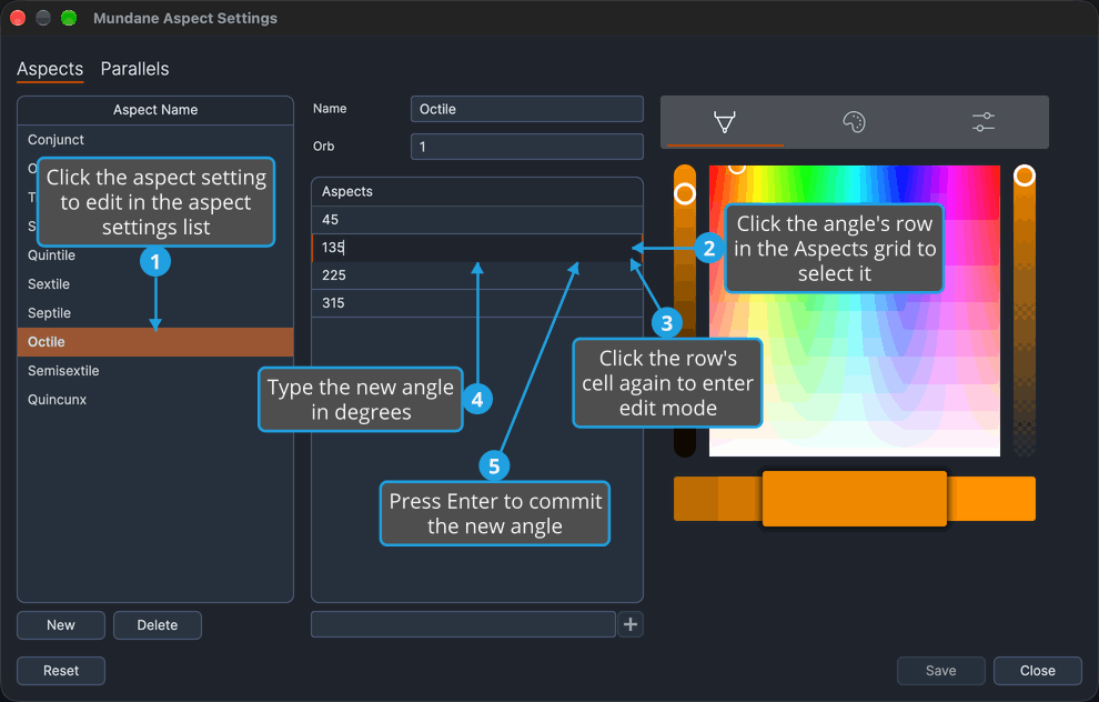 The Mundane Aspect Settings window with one angle's cell in Octile's Aspects grid open for editing, its value shown in the edit box.