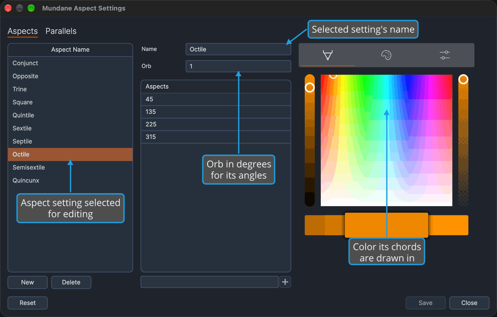 The Mundane Aspect Settings window with Octile selected in the list and its name, orb and chord color shown in the editor pane.