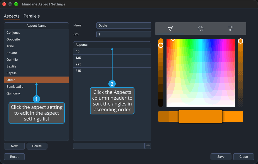 The Mundane Aspect Settings window with Octile's four angles listed in ascending order under the Aspects column header.