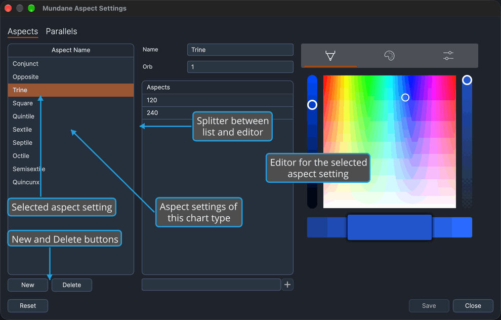 The Mundane Aspect Settings window with Trine selected in the aspect settings list and shown in the editor beside it, with the splitter and the New and Delete buttons marked.