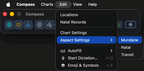 The Edit menu open in the macOS menu bar with the Aspect Settings submenu expanded.