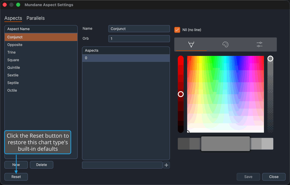 The bottom bar of the Aspect Settings window.