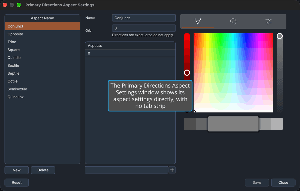 The Primary Directions Aspect Settings window with no tab strip, its aspect settings list and editor filling the window directly.