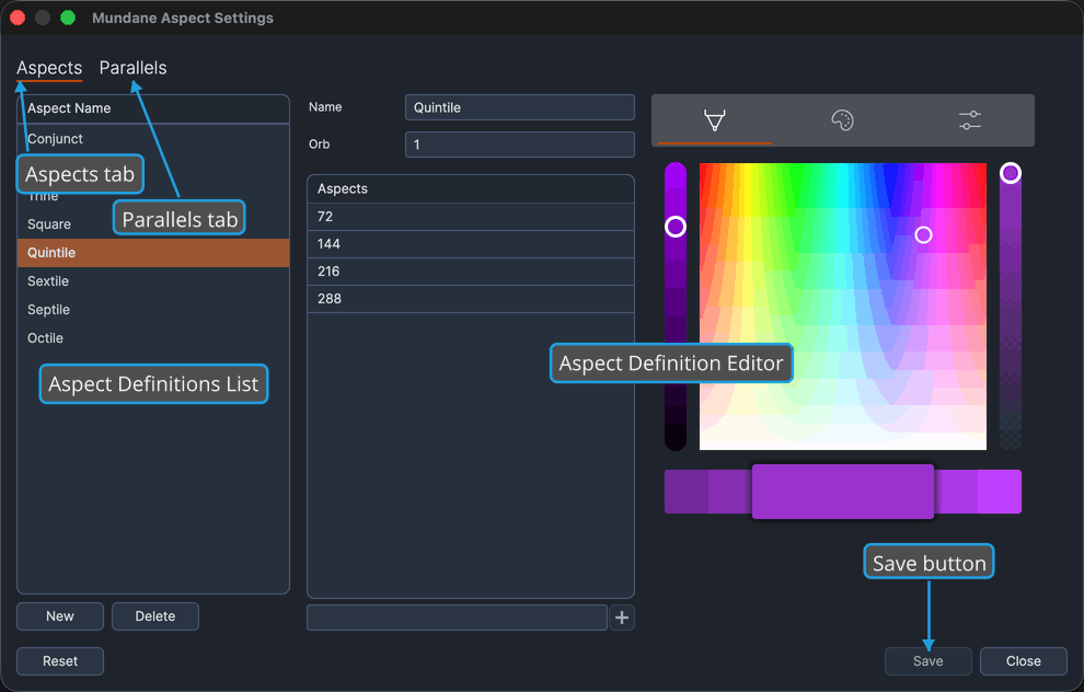 Aspect Settings window on its Aspects tab, its title naming the chart type.