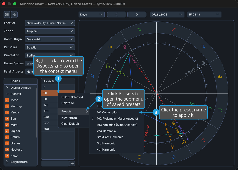 The Aspects grid with the right-click context menu open and the Presets submenu expanded to list saved presets.