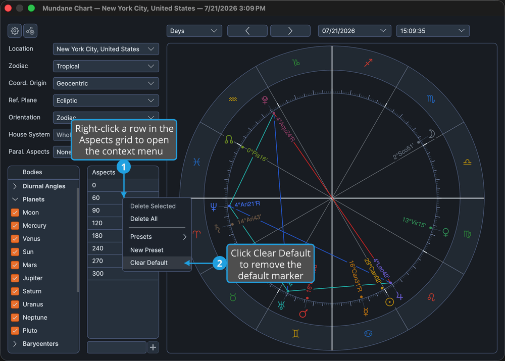 The Aspects grid with the right-click context menu open, showing the Clear Default command at the top level.
