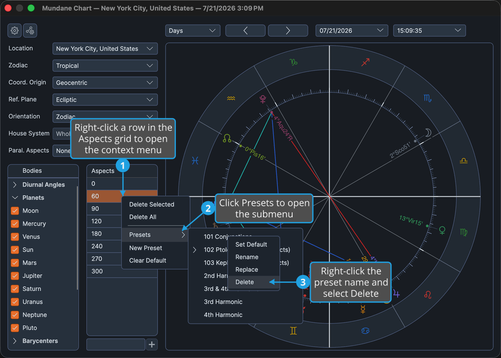 The Aspects grid with the Presets submenu expanded and a preset name right-clicked to reveal its Delete option.