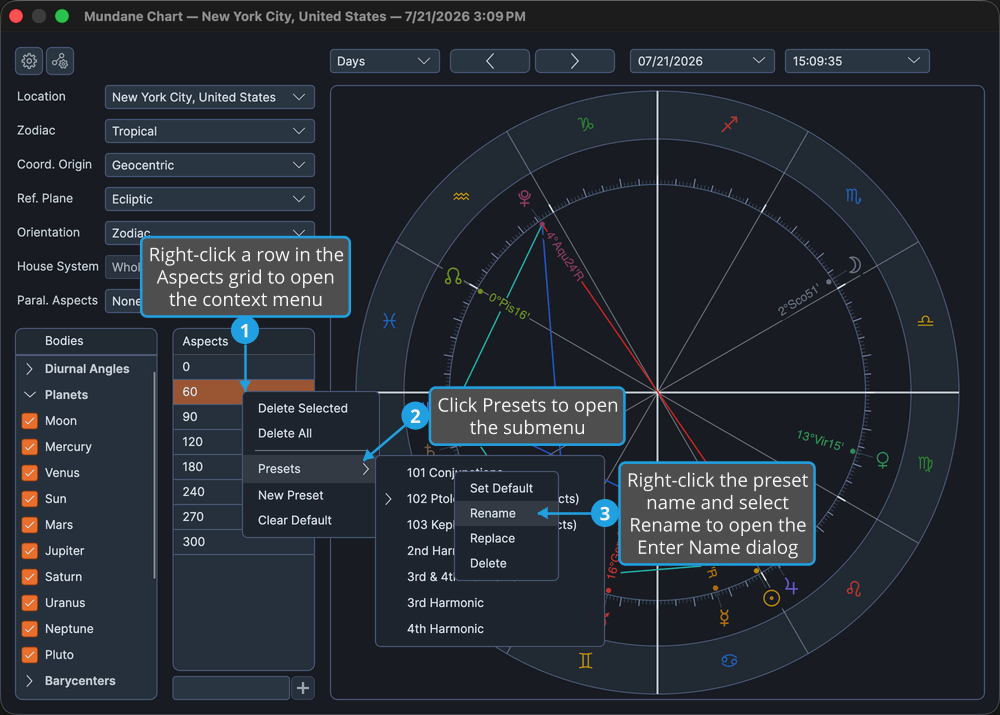 The Aspects grid with the Presets submenu expanded and a preset name right-clicked to reveal its Rename option.