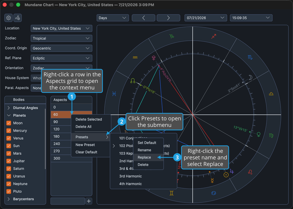 The Aspects grid with the Presets submenu expanded and a preset name right-clicked to reveal its Replace option.