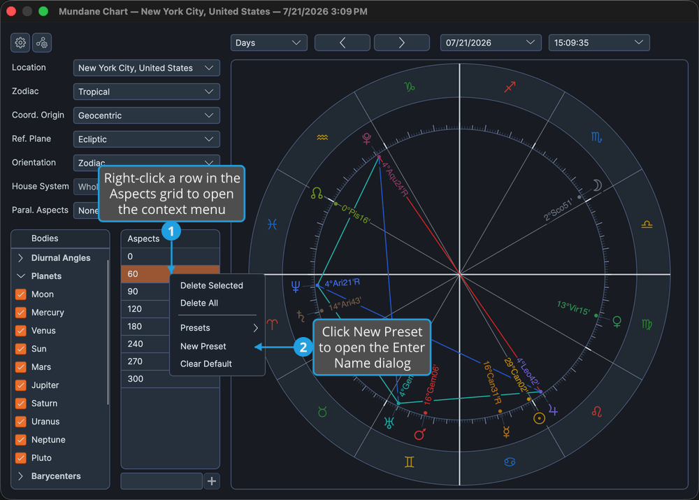 The Aspects grid with the right-click context menu open, showing the New Preset command at the top level.
