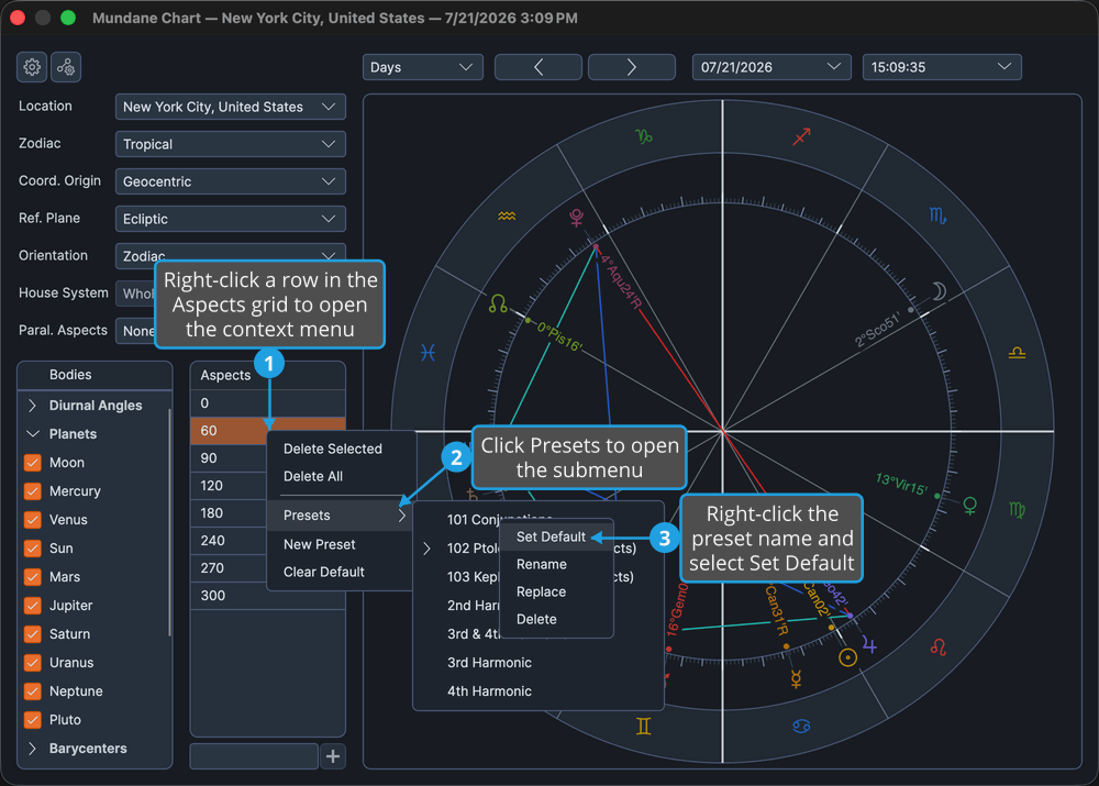 The Aspects grid with the Presets submenu expanded and a preset name right-clicked to reveal its Set Default option.