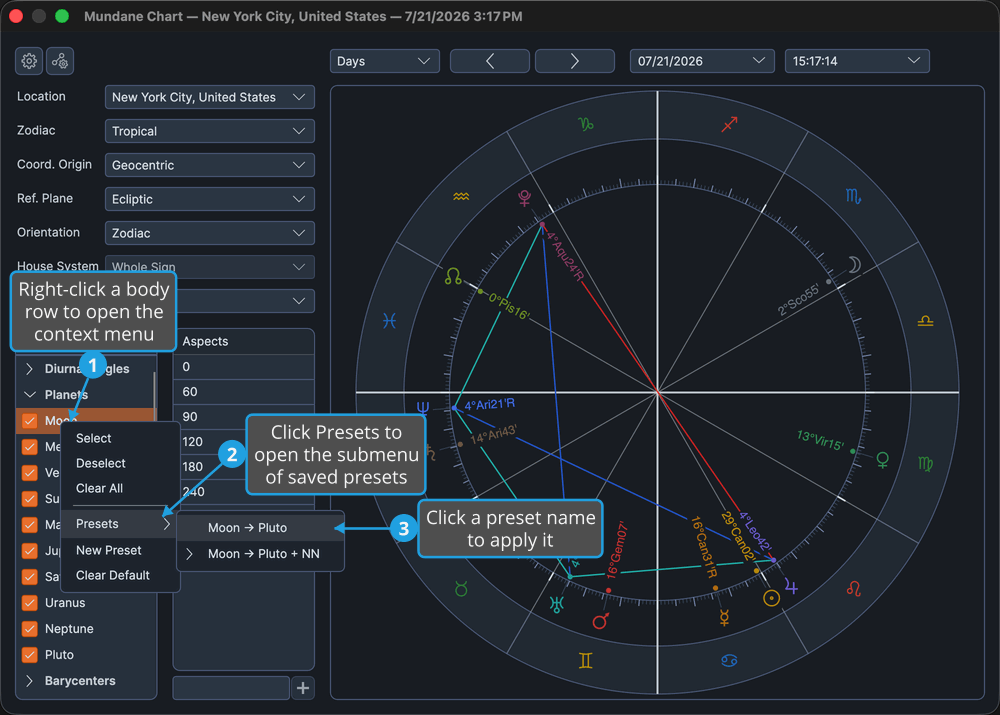 The bodies list with the right-click context menu open and the Presets submenu expanded to list saved presets.