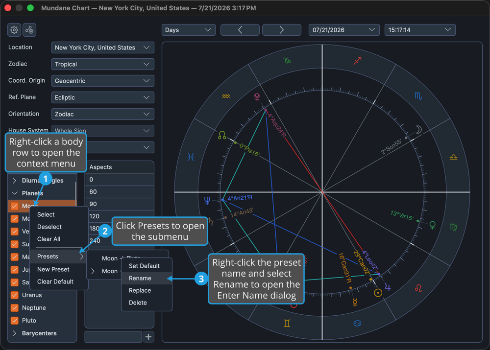 The bodies list with the Presets submenu expanded and a preset name right-clicked to reveal its Rename option.