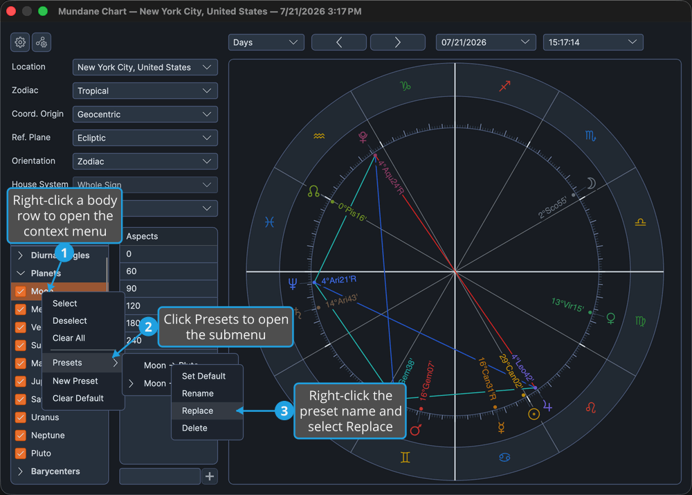The bodies list with the Presets submenu expanded and a preset name right-clicked to reveal its Replace option.