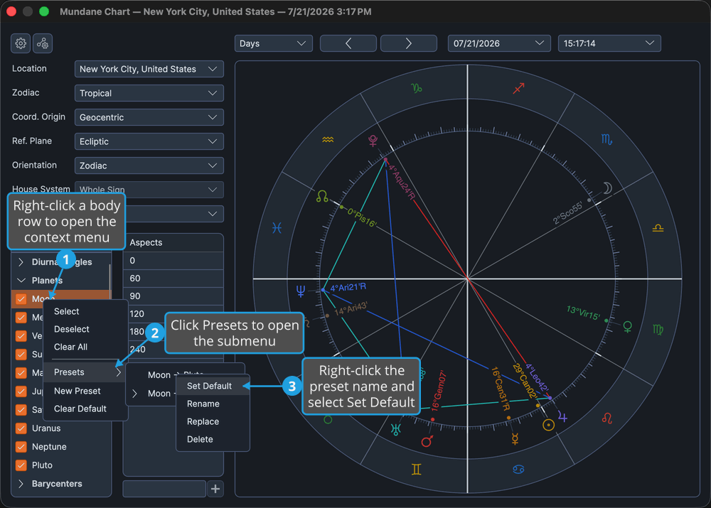 The bodies list with the Presets submenu expanded and a preset name right-clicked to reveal its Set Default option.