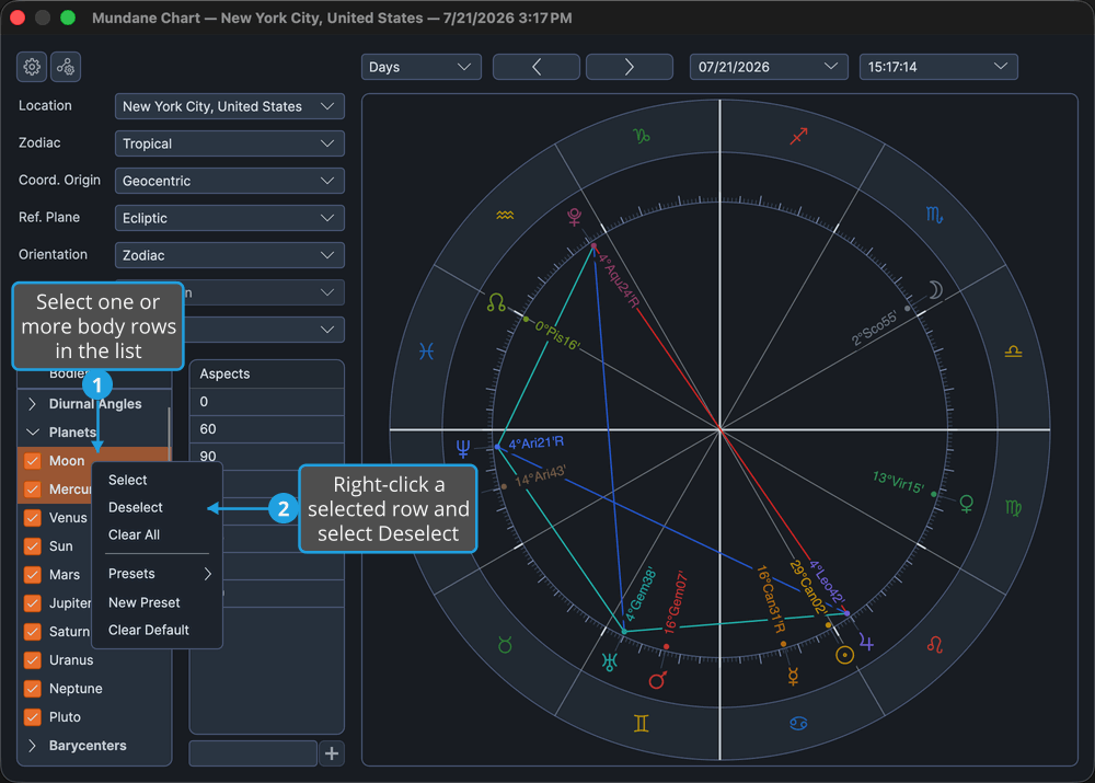 The bodies list with rows highlighted and the context menu open, showing the Select and Deselect commands.