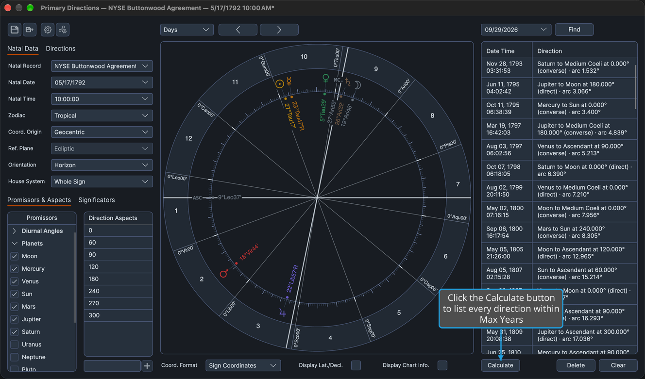 A Primary Directions chart whose directions list, filled by the Calculate button beneath it, holds every direction within Max Years in date order.