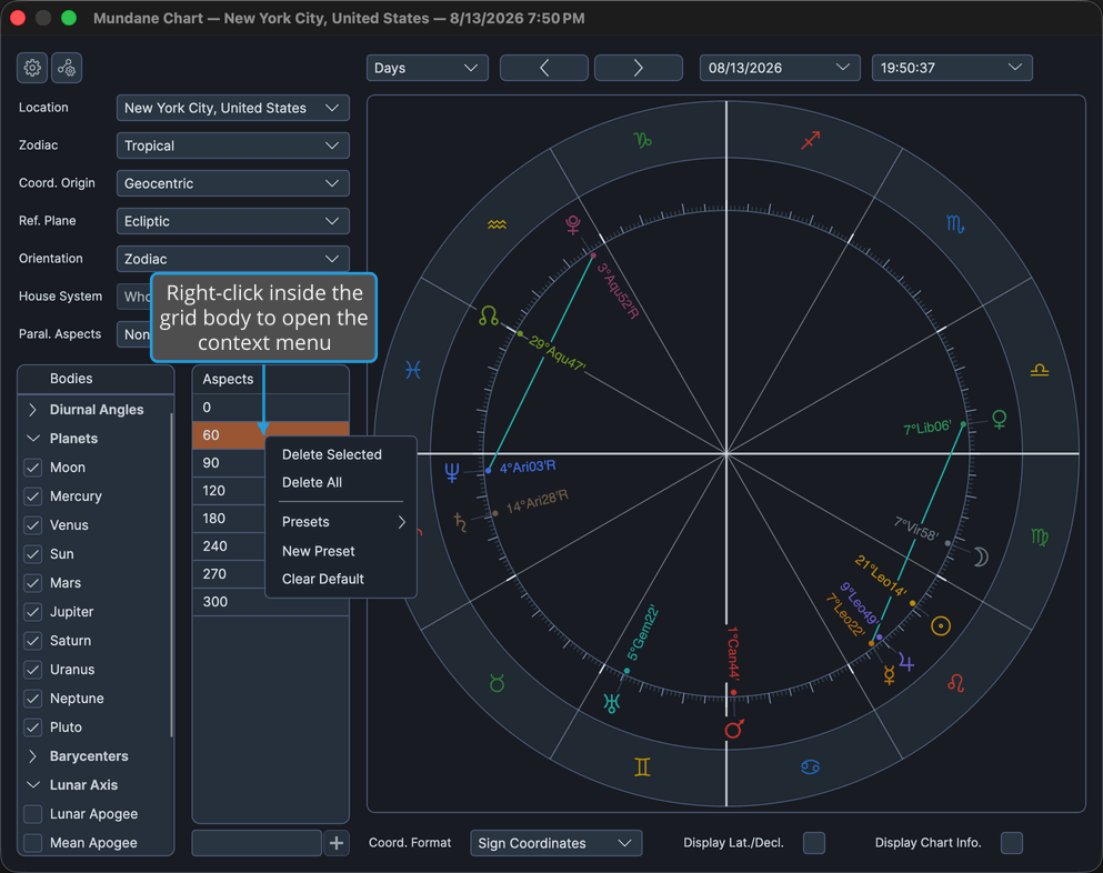 Mundane chart window with the aspects grid context menu open, listing Delete Selected and Delete All.