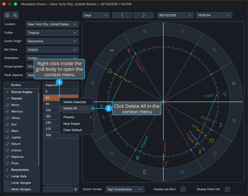 Mundane chart window with the aspects grid context menu open over the grid body.