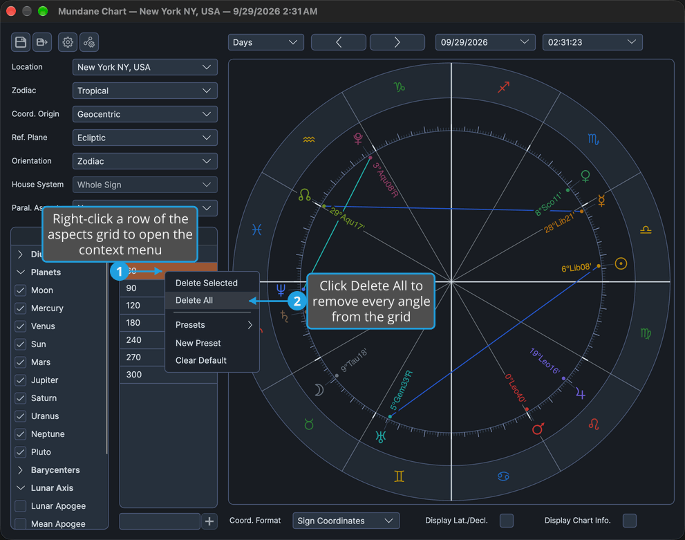 The Mundane chart window's Aspects grid has its context menu open with Delete All highlighted.