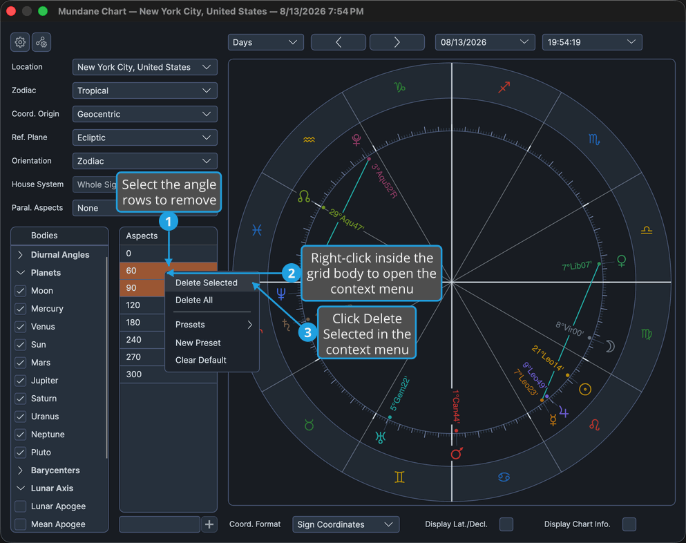 Mundane chart window with two aspects grid rows highlighted and the context menu open over them.