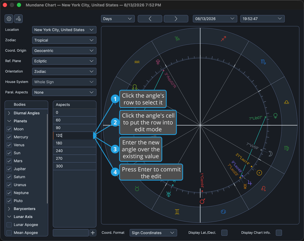 Mundane chart window with an aspects grid row selected and its cell in edit mode.