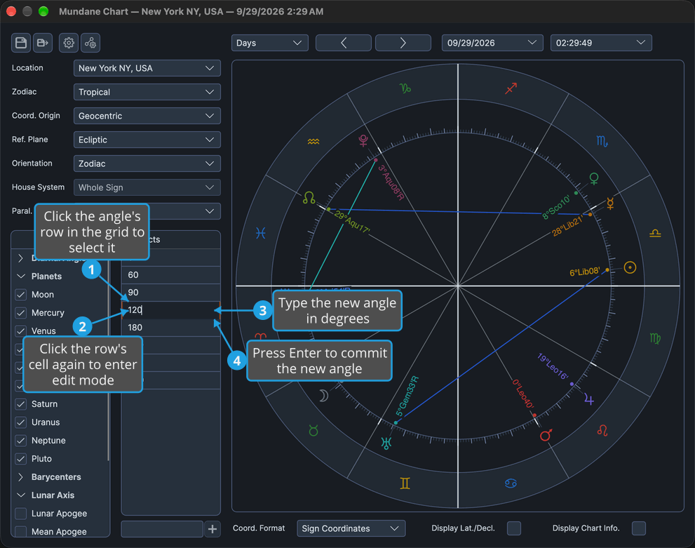 The Mundane chart window's Aspects grid has one angle's cell open for editing, its value shown in the edit box.