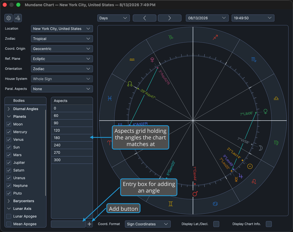 Mundane chart window with angles listed in the Aspects grid of the settings column.