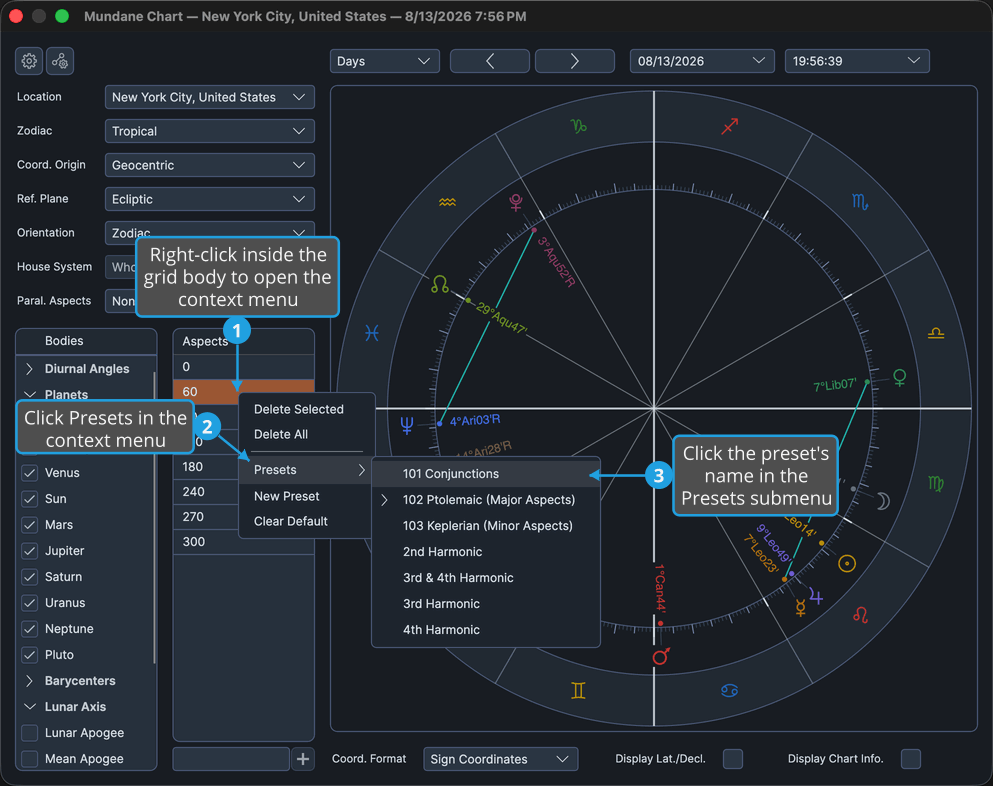 Mundane chart window with the Presets submenu expanded over a saved aspect preset.