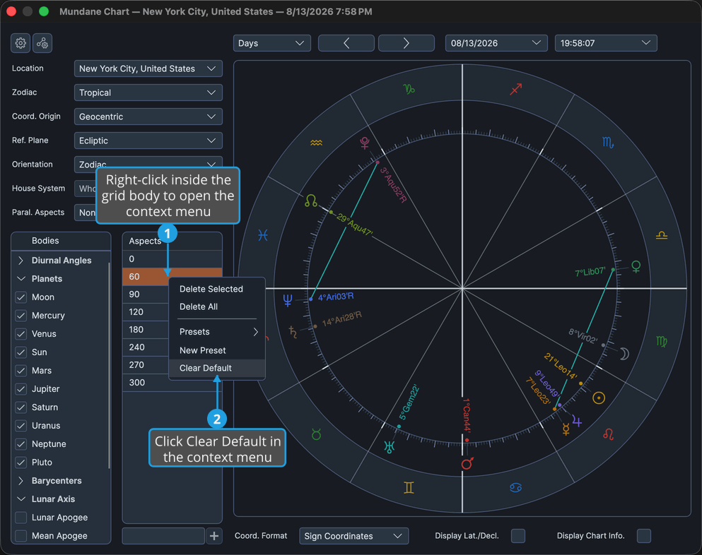 Mundane chart window with the aspects grid context menu open, showing the Clear Default item.