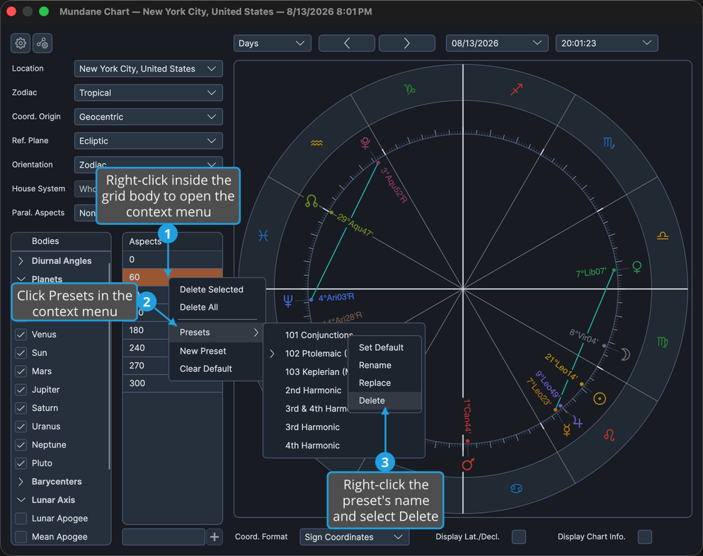 Mundane chart window with a saved aspect preset's menu open, showing its Delete item.