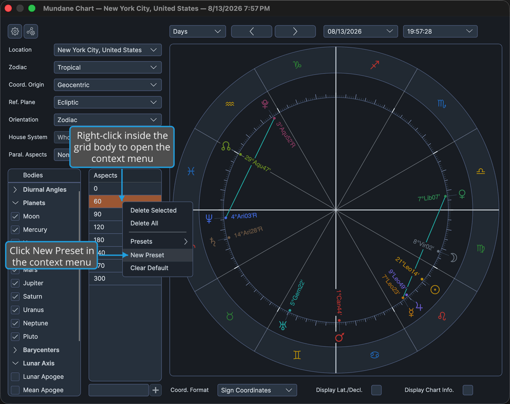 Mundane chart window with the aspects grid context menu open, showing the New Preset item.